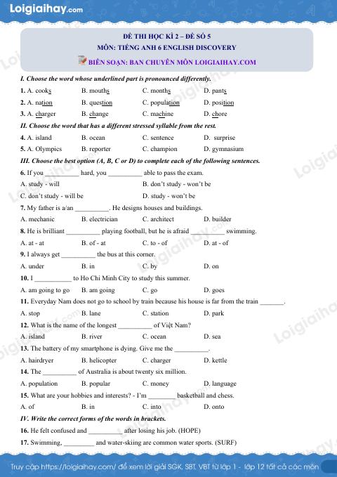 Đề thi học kì 2 Tiếng Anh 6 English Discovery - Đề số 5